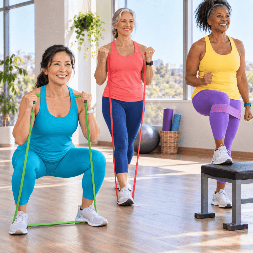 Three smiling diverse women ages 45 to 60 performing a weighted squat, loaded carry, and step up