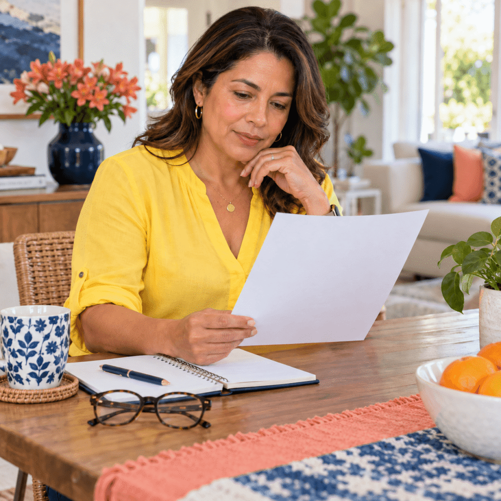 Woman Reviewing LDL And Cholesterol Blood Test Results At Home