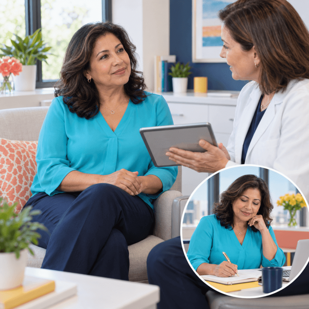 Woman Discussing Menopause Hot Flash Treatment With Her Clinician