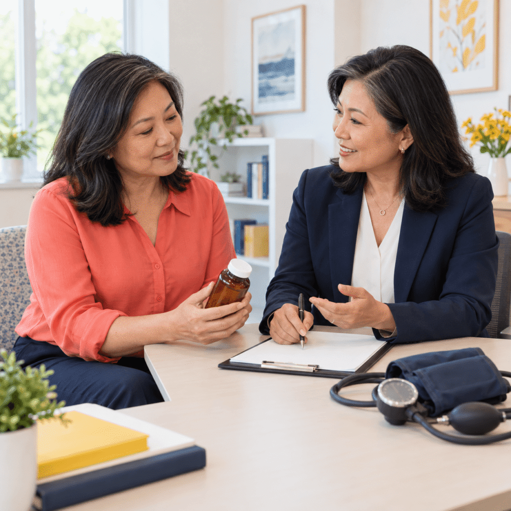Midlife Woman Discussing Safe Omega 3 Supplement Use With A Clinician