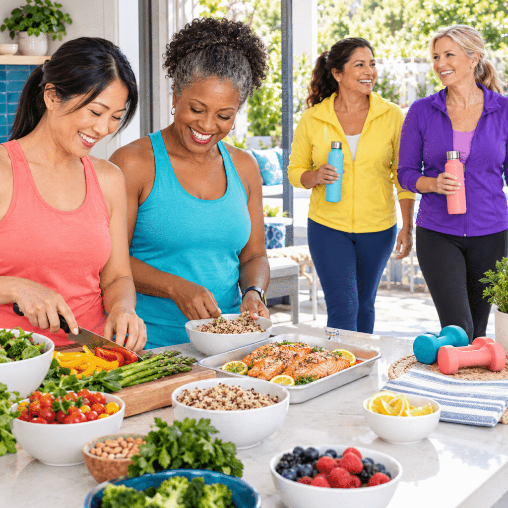 Four women over 50 combining healthy food, walking and strength activity for cardiovascular health