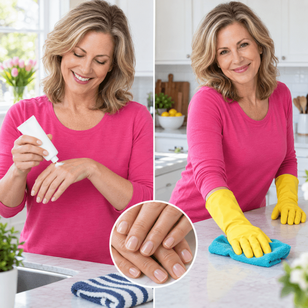 Midlife woman moisturizing her hands and protecting her nails during household care