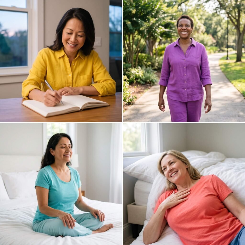 Diverse midlife women practicing simple evening habits that support a calmer bedtime routine
