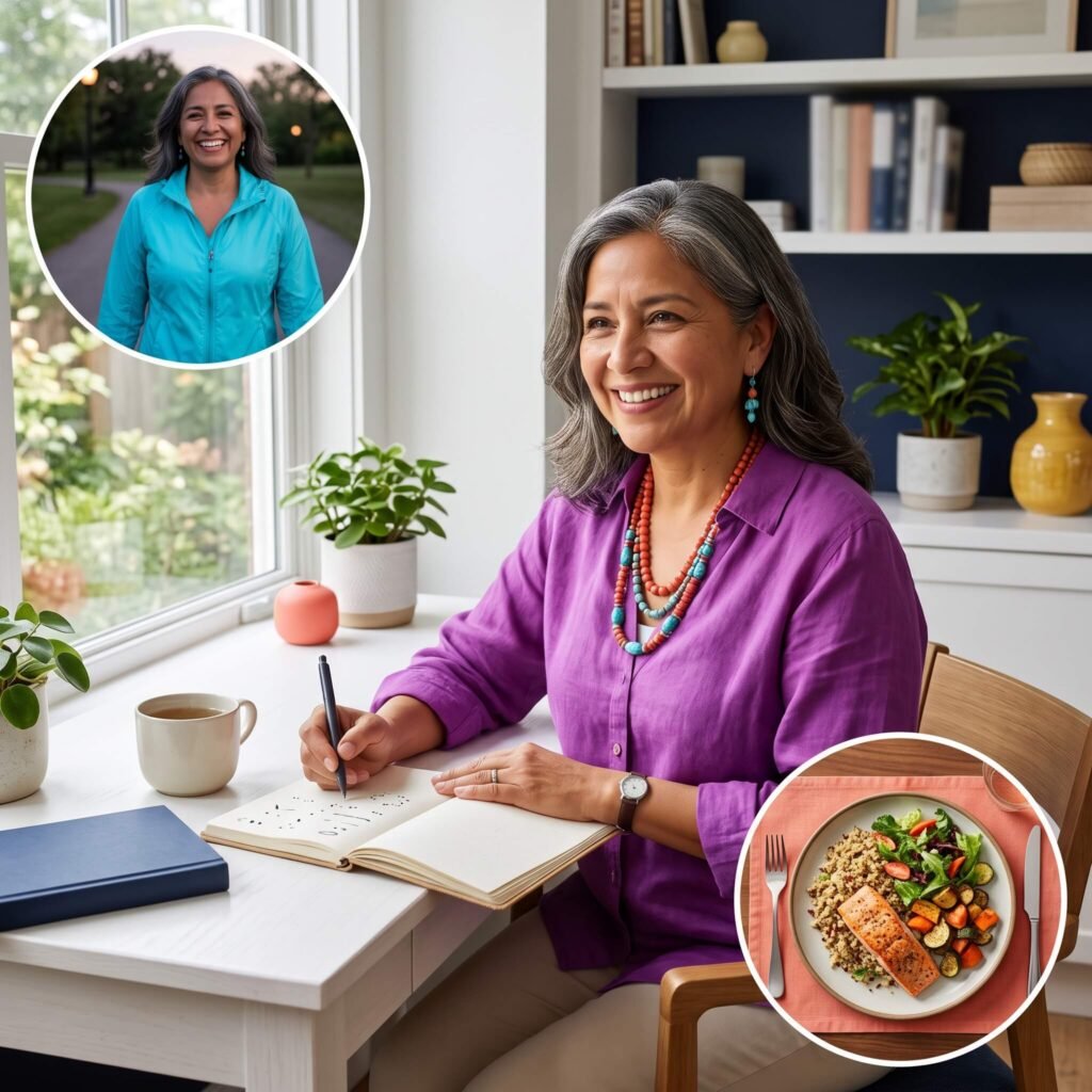 Midlife woman calmly tracking nighttime symptoms and evening routines