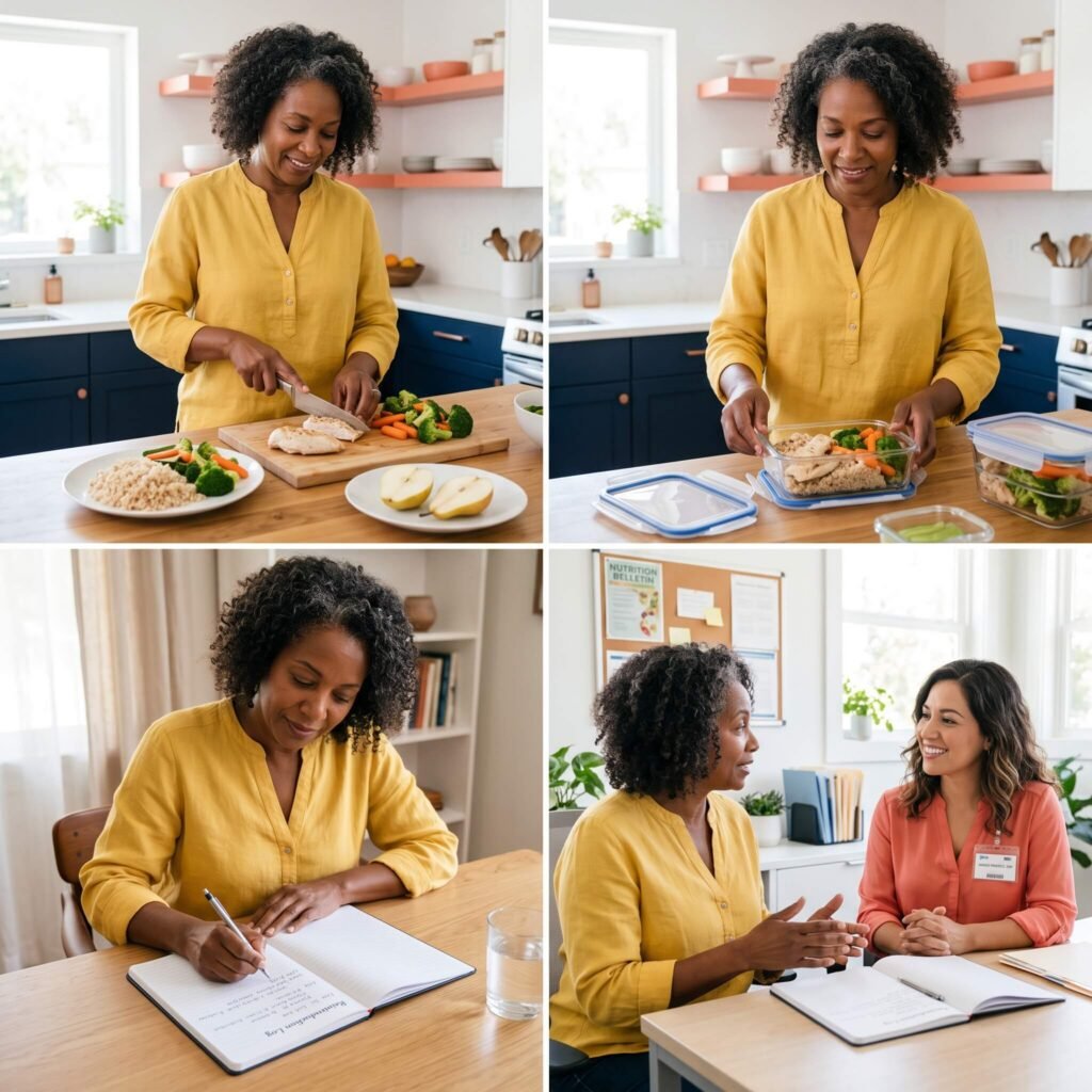 Midlife woman preparing fresh food and tracking a supervised low-histamine trial
