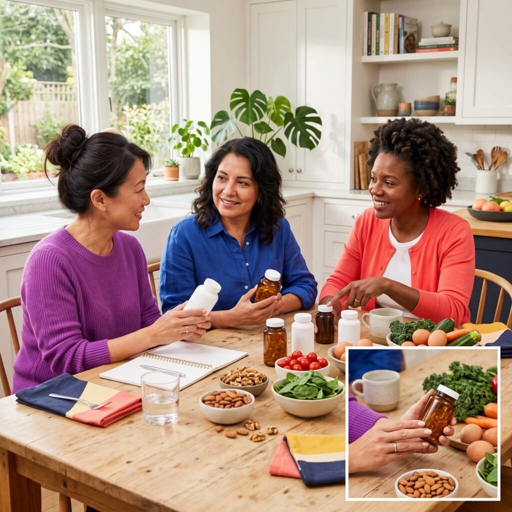 Midlife woman preparing whole grains green beans bananas and mineral water