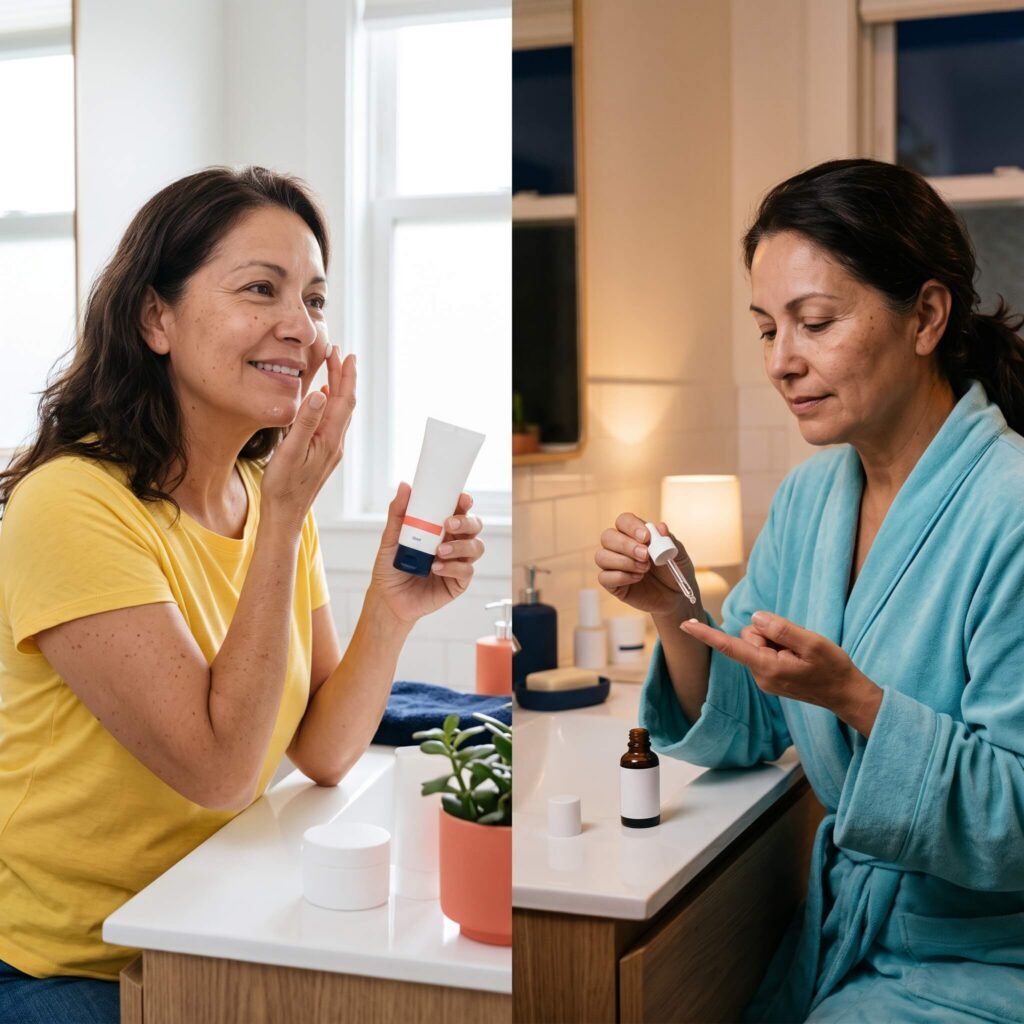 Morning And Evening Menopause Skincare Routine With Moisturizer Sunscreen And Retinol
