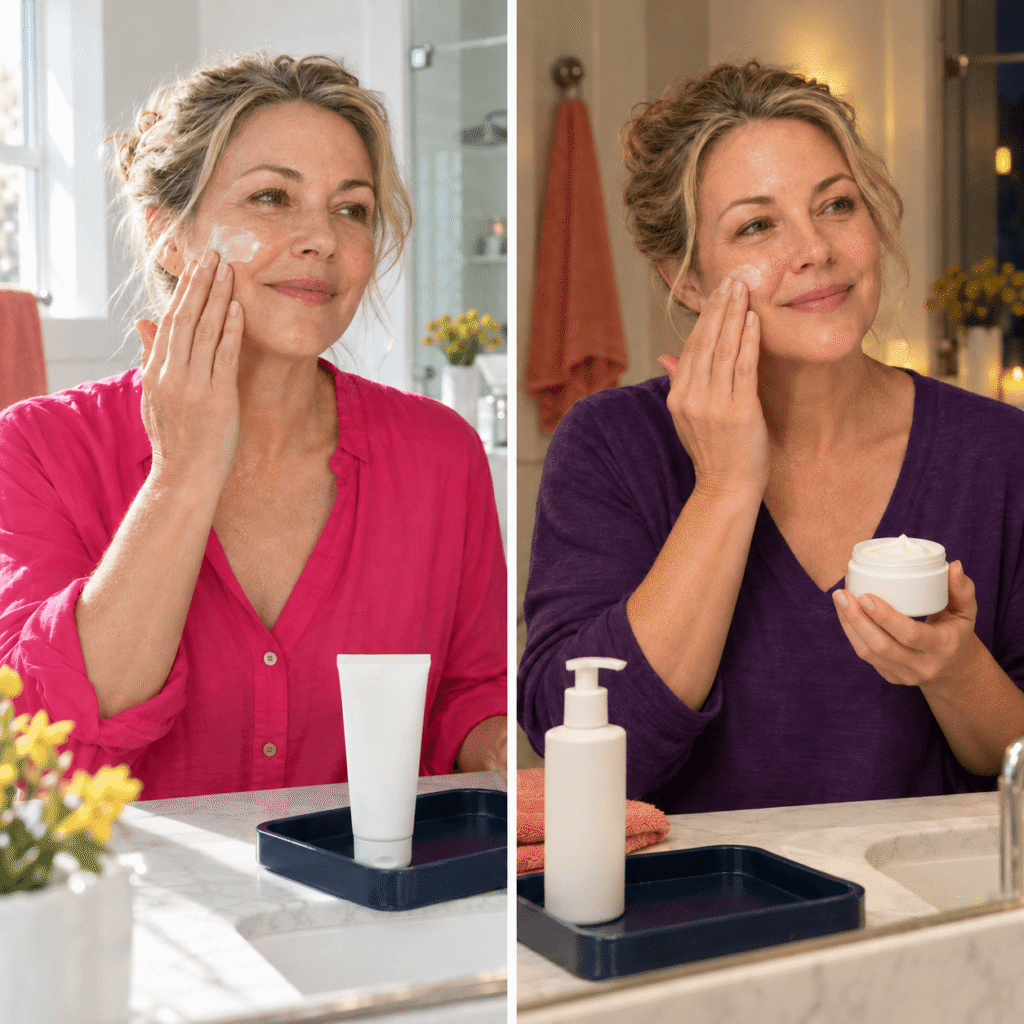Menopausal Women Following A Gentle Morning And Evening Skin Care Routine