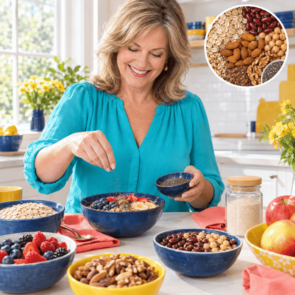 Woman over 50 preparing oats, berries and fiber-rich foods as part of a cholesterol-conscious eating pattern