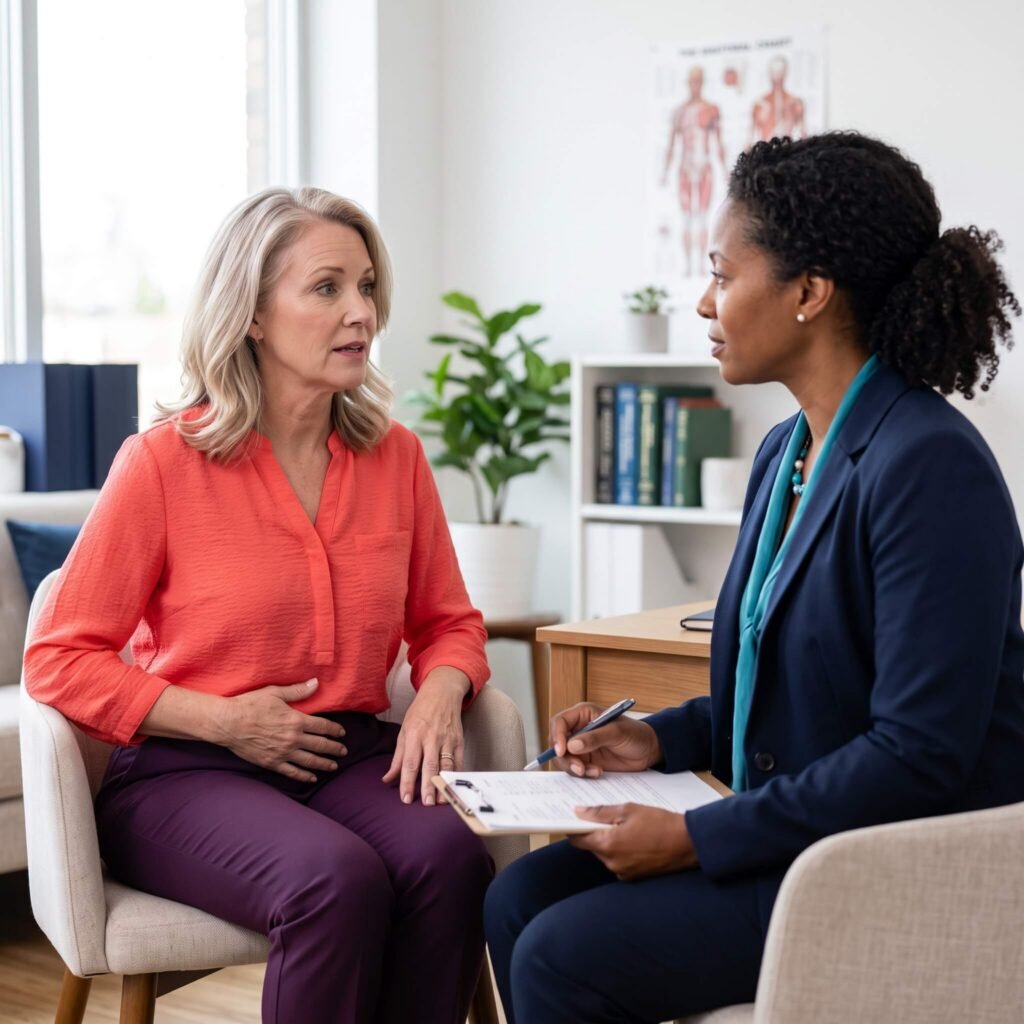 Menopausal Woman Discussing Vaginal And Urinary GSM Symptoms With A Clinician