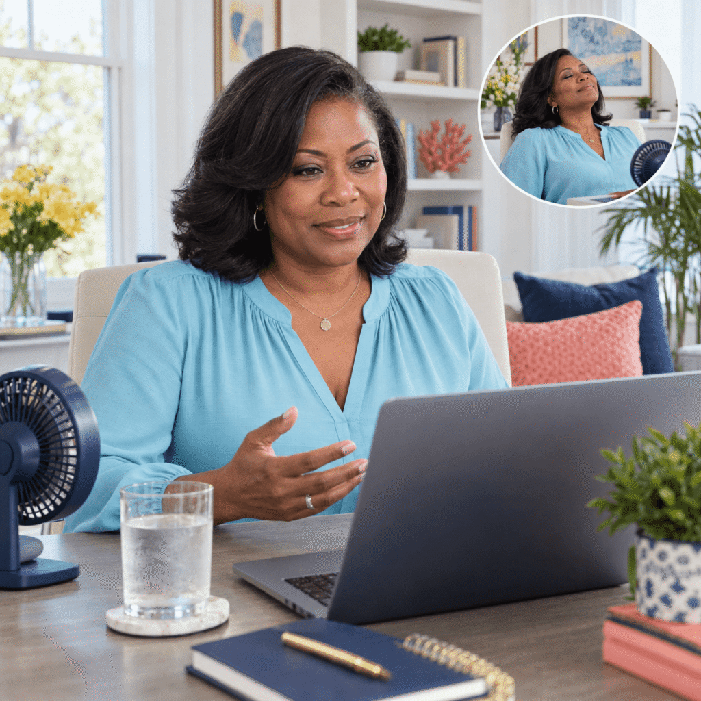 Midlife Woman Using A Desk Fan During A Professional Video Call