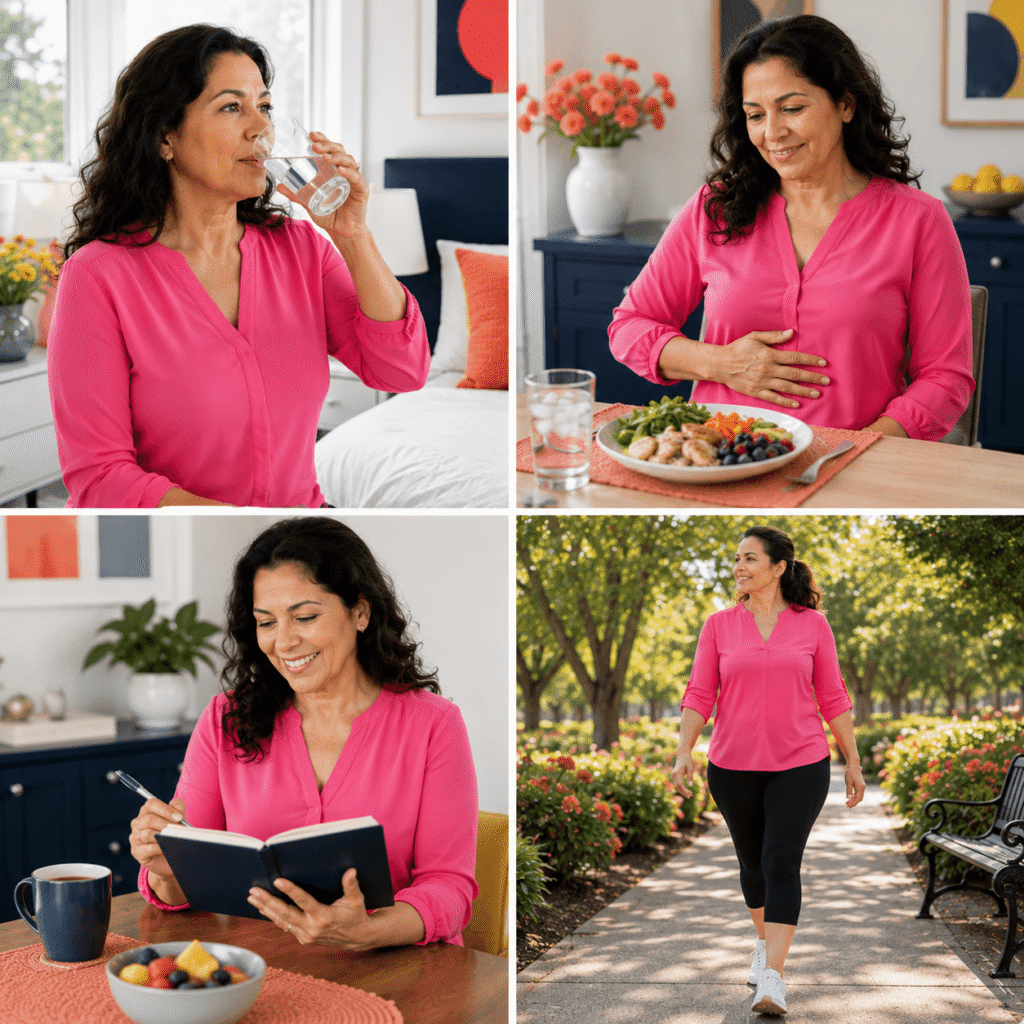 Diverse women following hydration, walking, strength training, and symptom-tracking habits for menopause gut health
