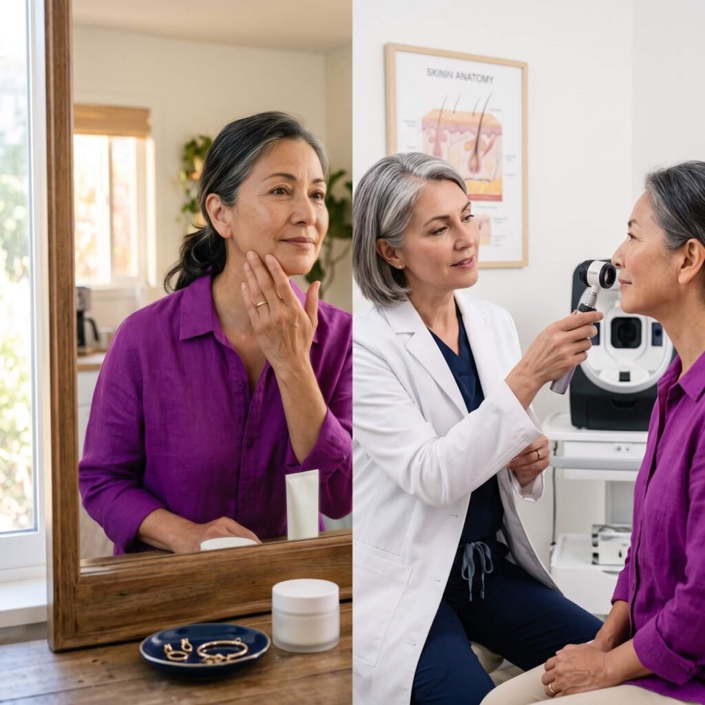 Confident Woman Examining Improved Skin Comfort And Facial Firmness After Menopause
