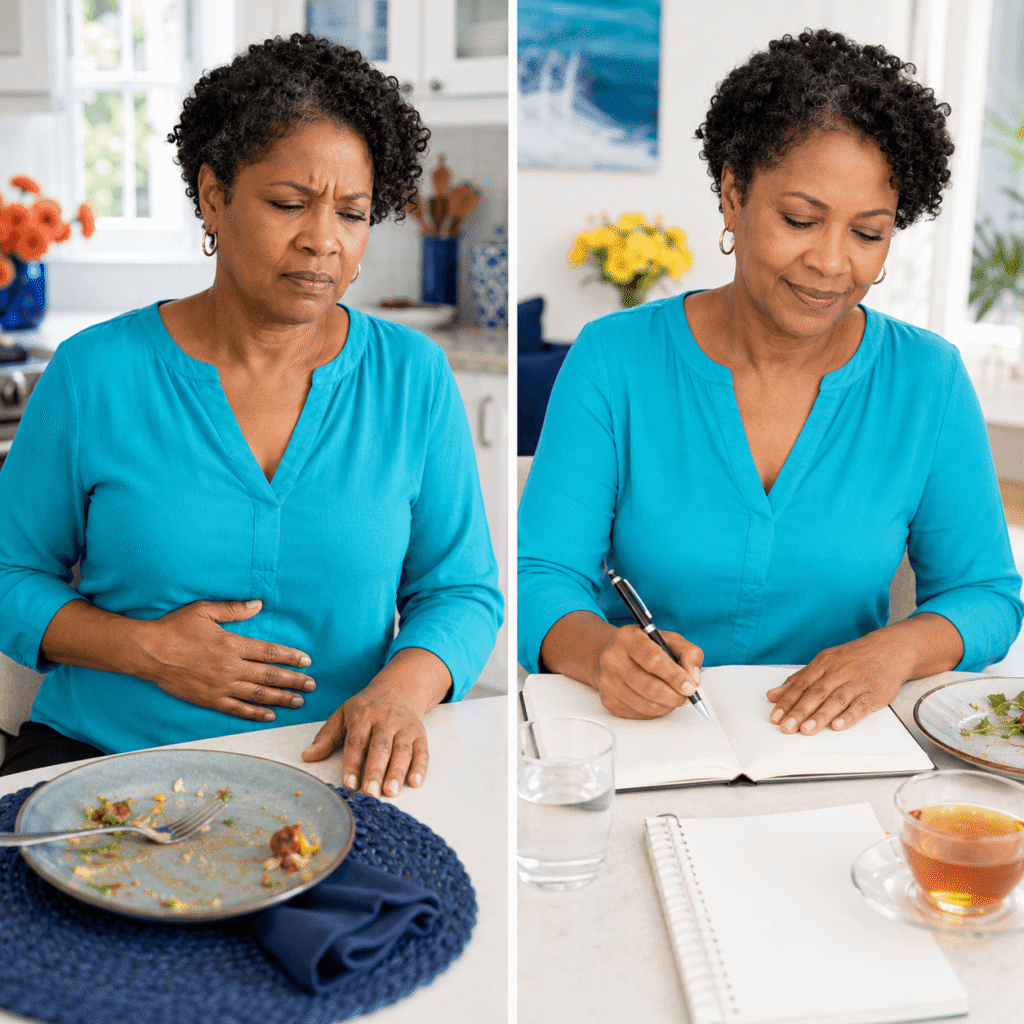 Woman tracking menopause bloating, meals, sleep, and bowel patterns in a four-week symptom journal