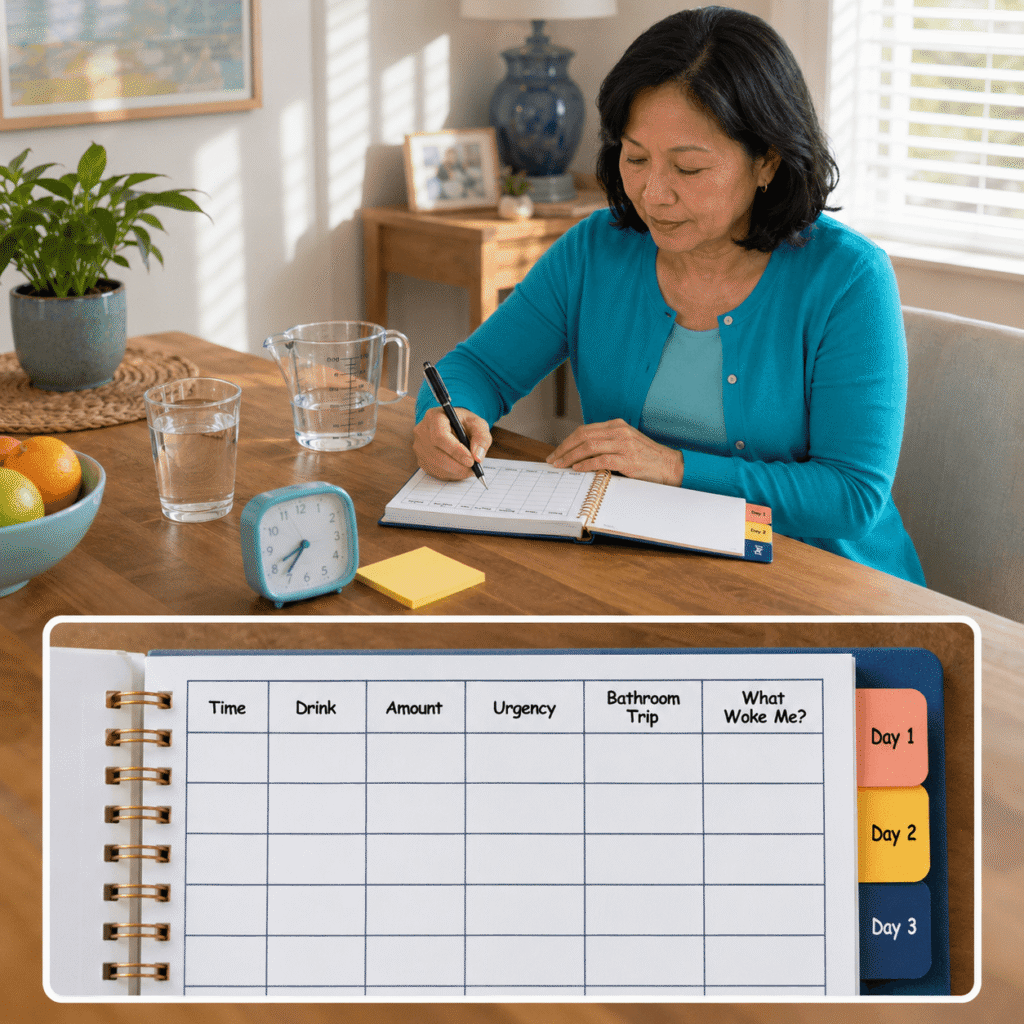 Woman Recording Fluid Intake Urgency And Nighttime Urination In A Bladder Diary