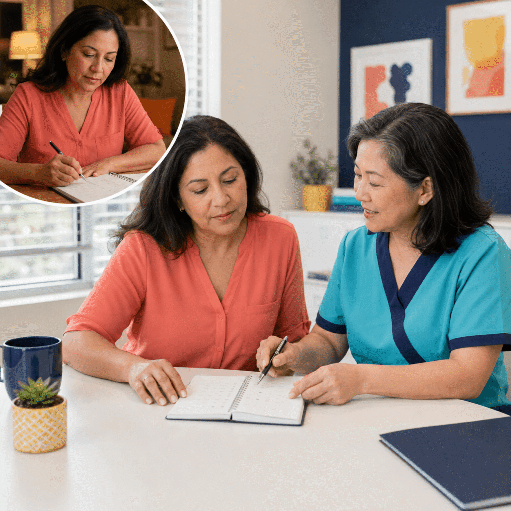 Woman reviewing a two-track menopause and histamine sleep diary with a clinician
