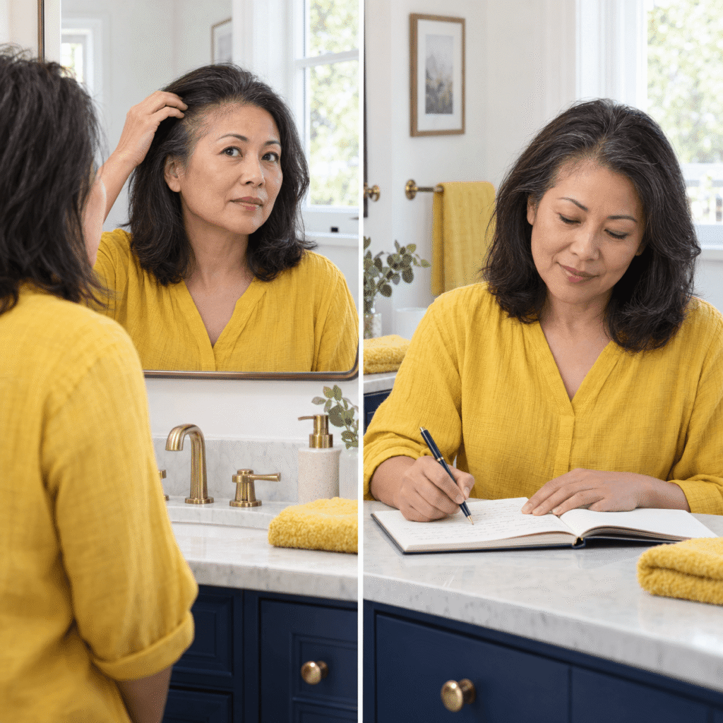 Woman Tracking Early Hair Regrowth After Menopause Hair Loss