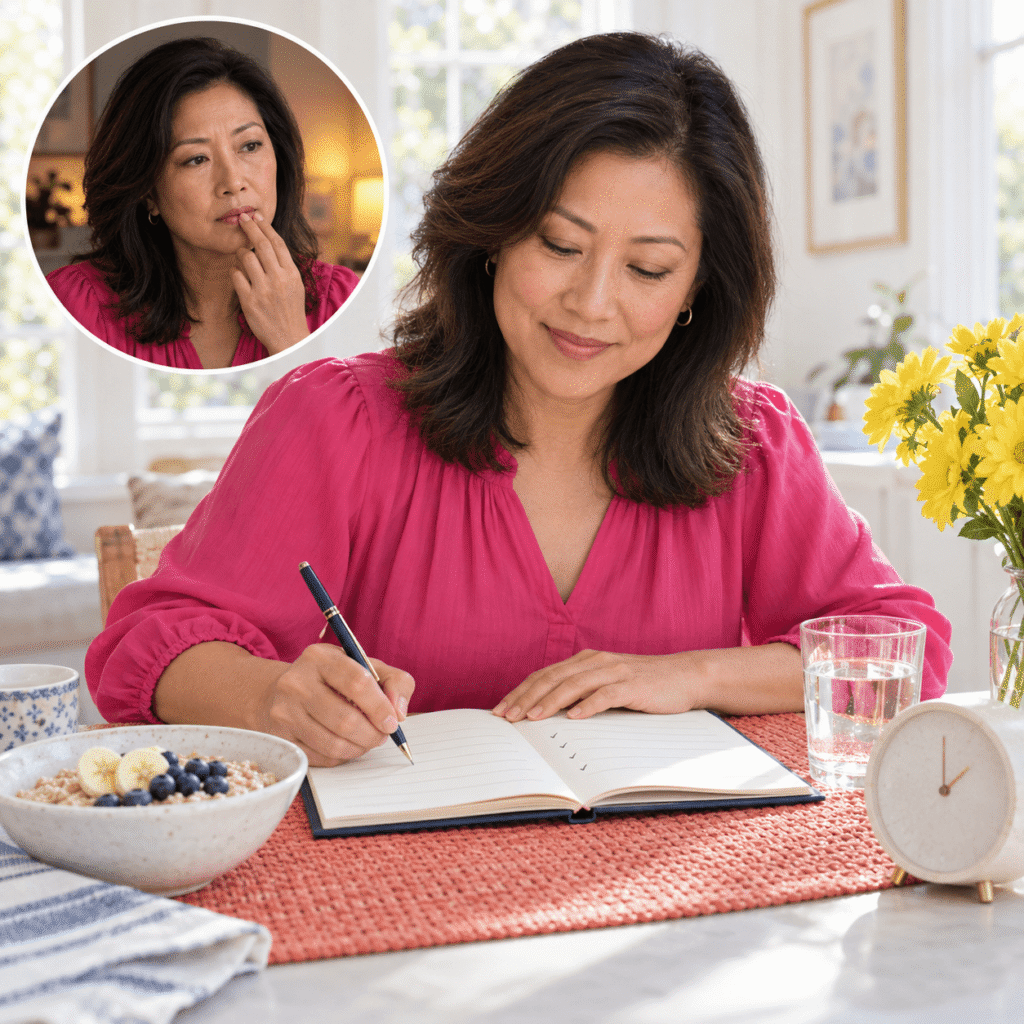 Woman Tracking Burning Mouth Symptoms Foods And Menopause Triggers