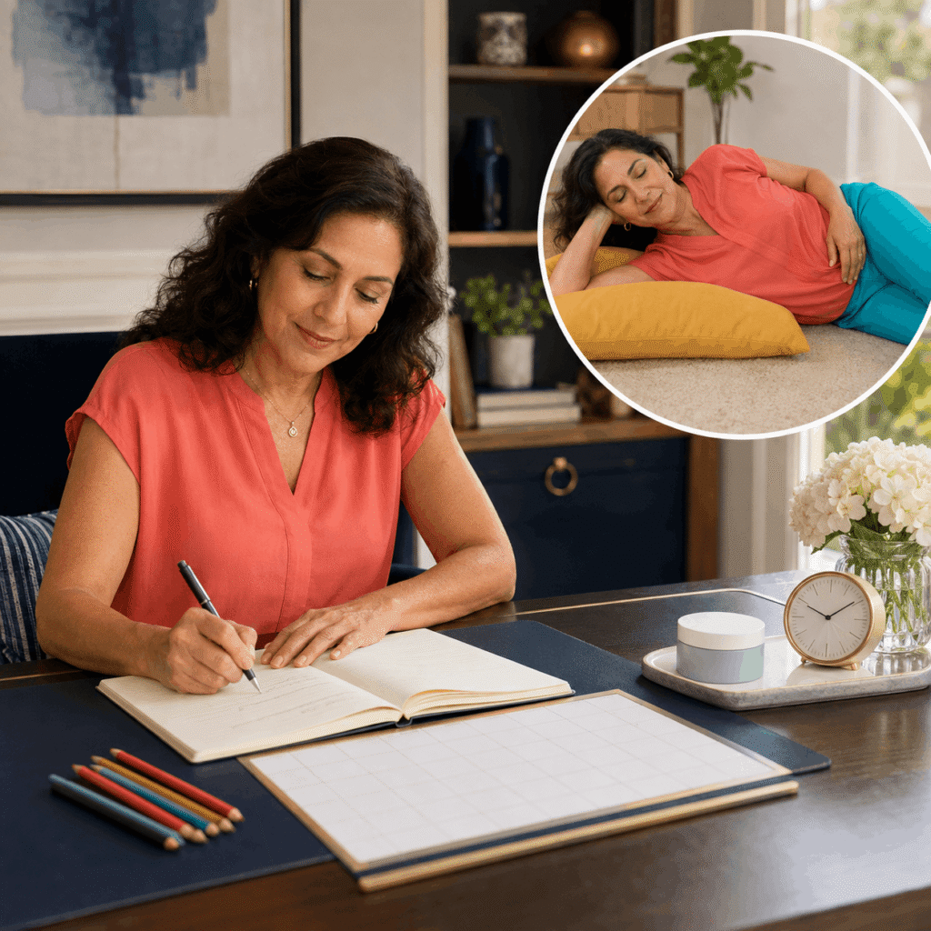 Woman Tracking Menopause Discomfort And Comfort Progress In A Journal