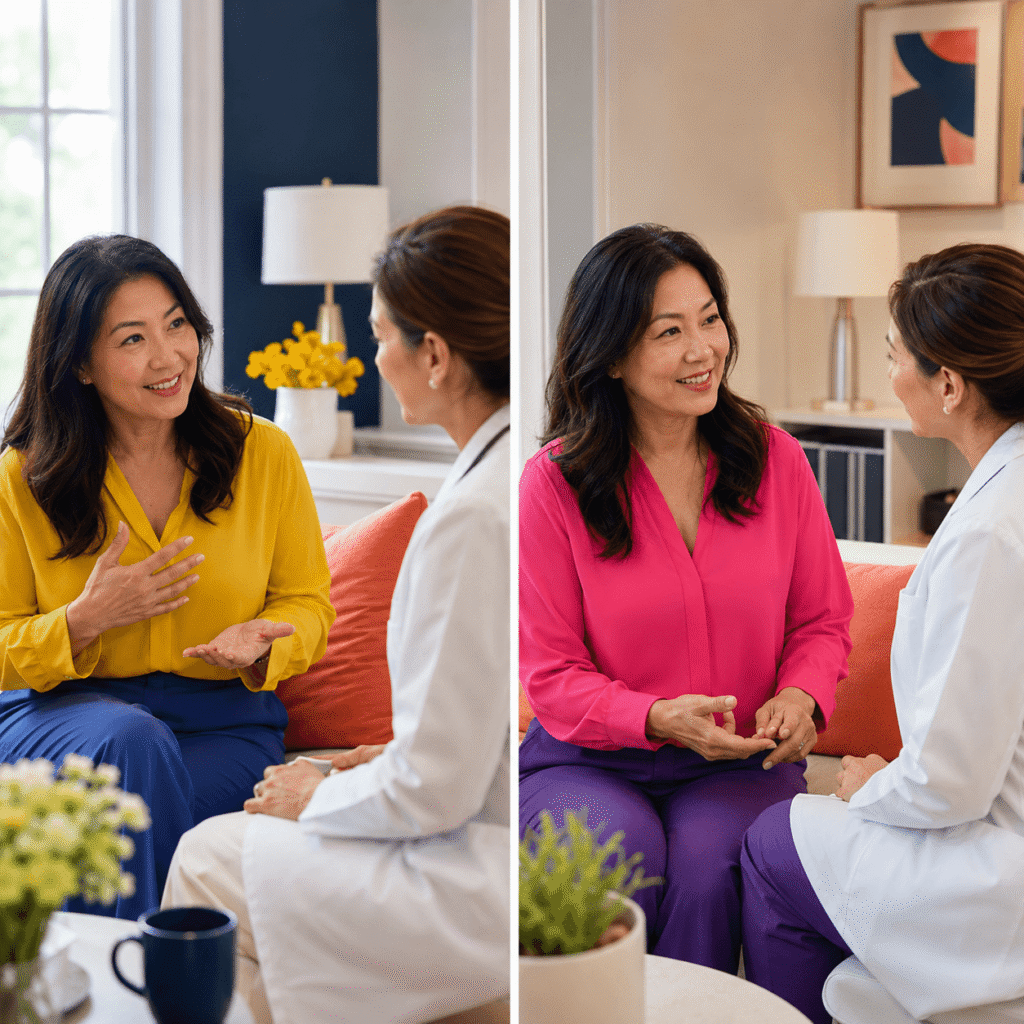 Two midlife women discussing urinary symptoms that may be caused by a UTI or menopause-related GSM