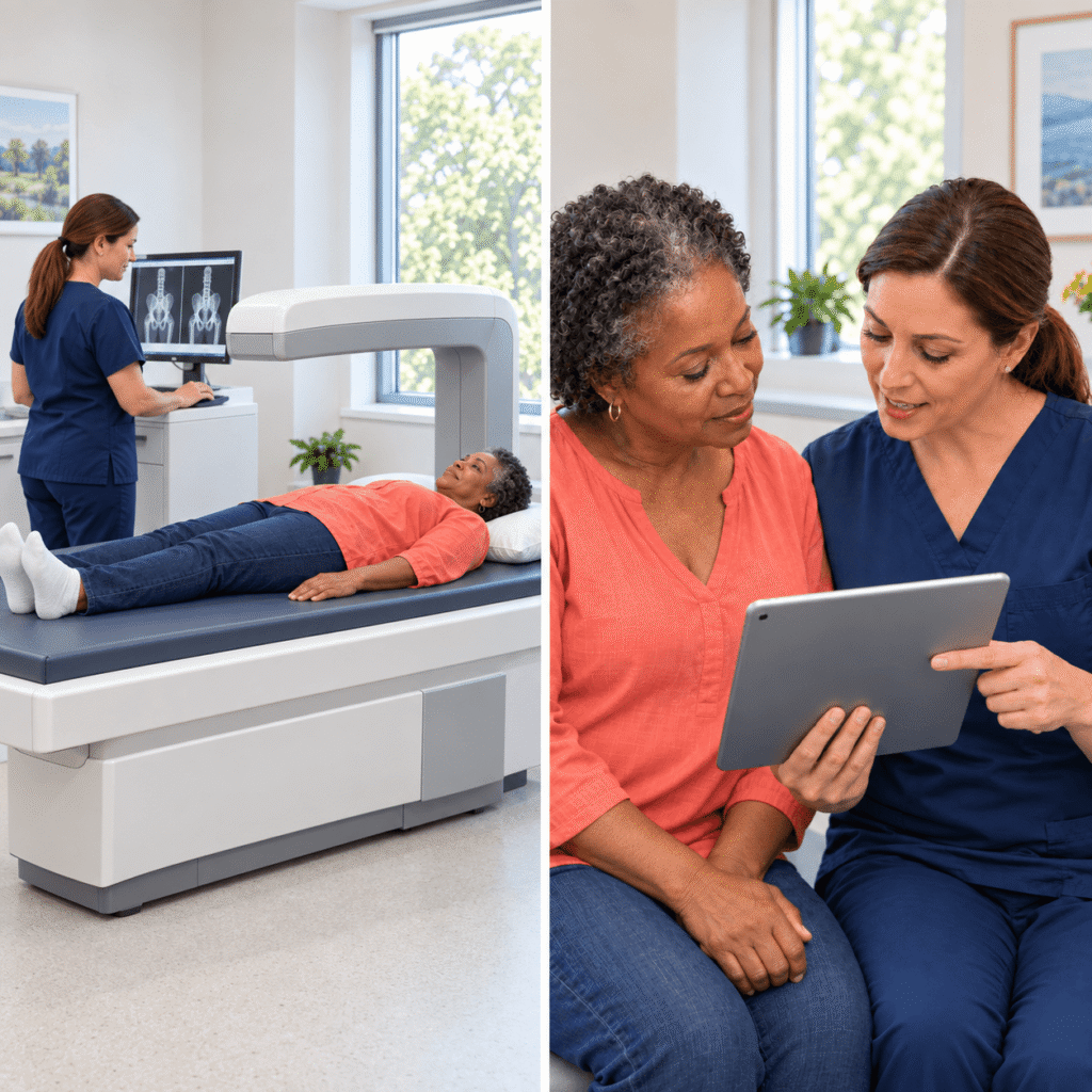  Menopausal Woman And Female Clinician Reviewing Hip And Spine DEXA Results With A Three Part Inset Representing Normal Bone Osteopenia And Osteoporosis
