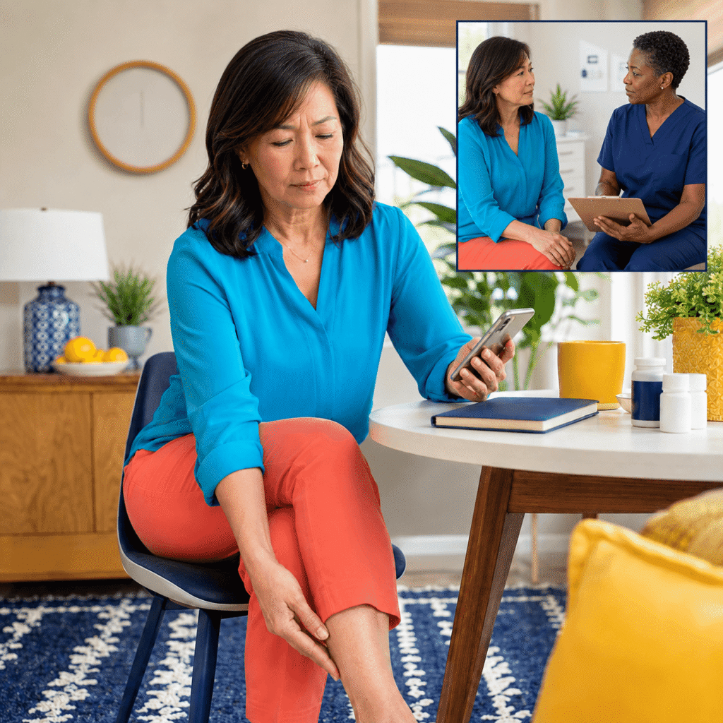 Woman Reviewing Her Restless Leg Symptom Timeline At Home