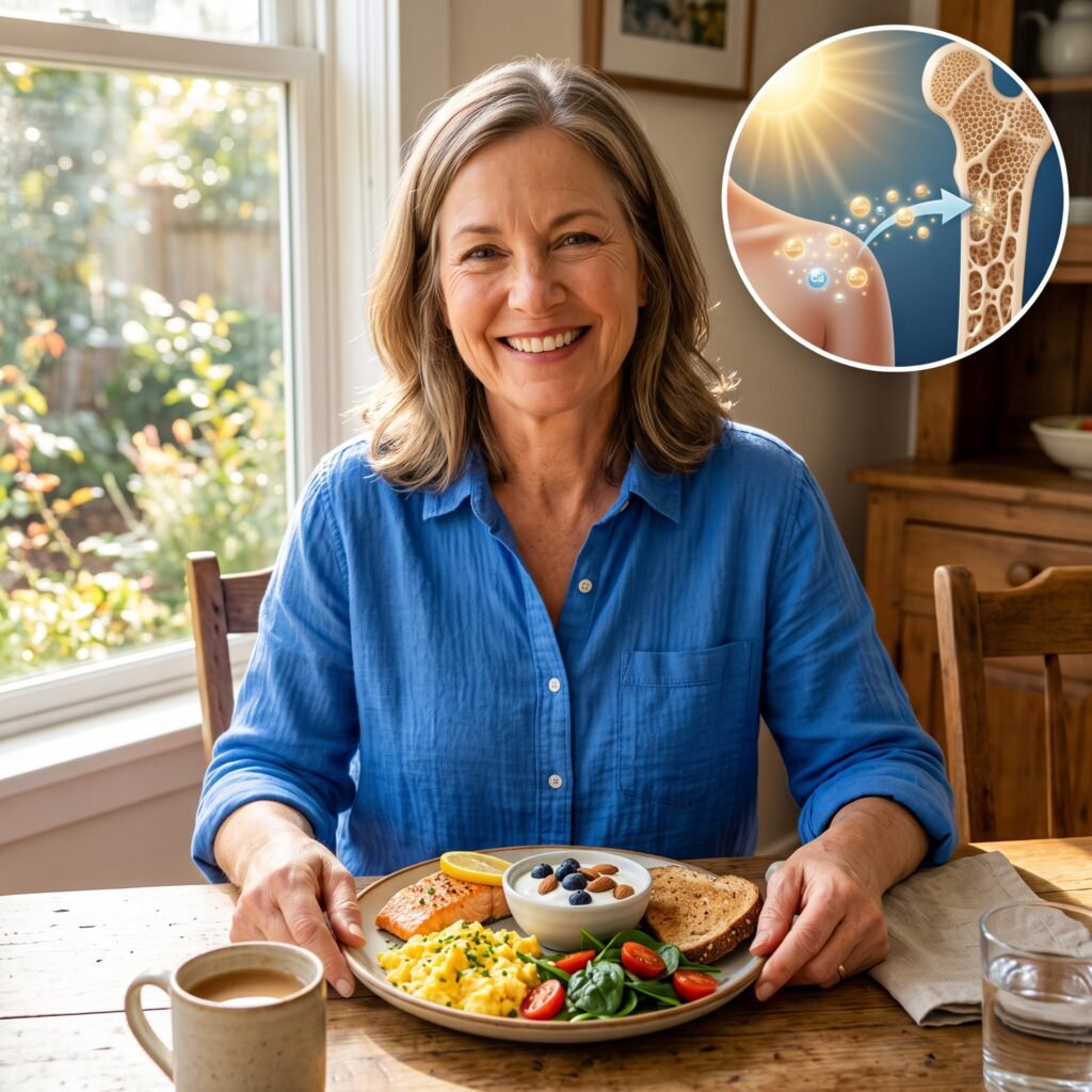 Woman enjoying a vitamin D and calcium rich breakfast with an inset illustrating sunlight, calcium absorption, and bone support.
