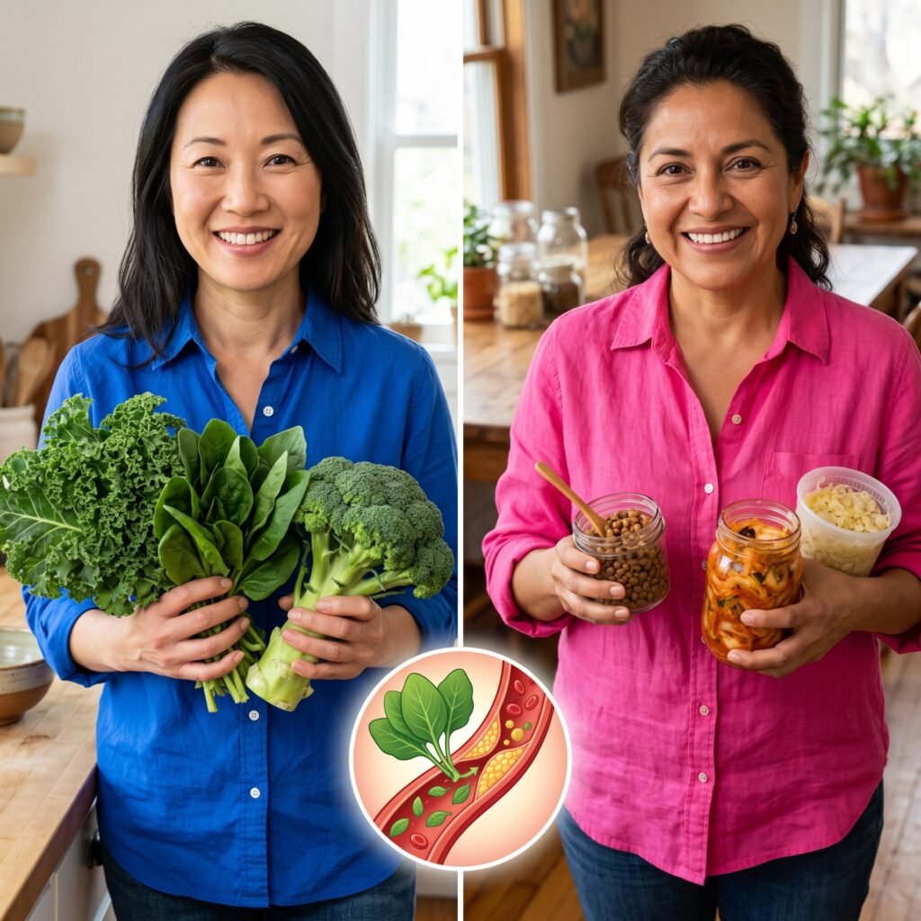 Two women holding leafy greens and fermented foods representing different dietary sources of vitamin K.
