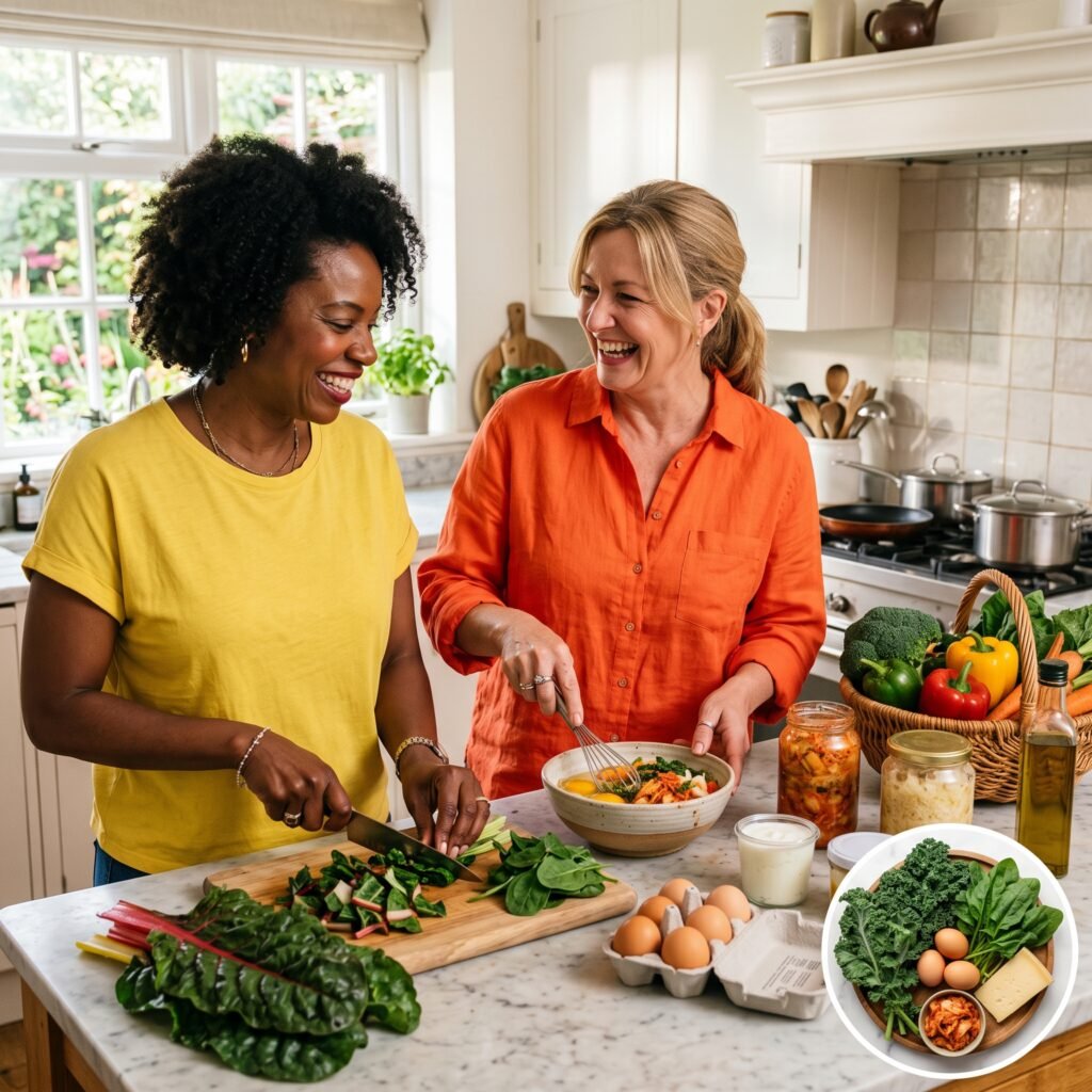 Two women preparing vitamin K rich foods together in a bright kitchen to support bone health after menopause.
