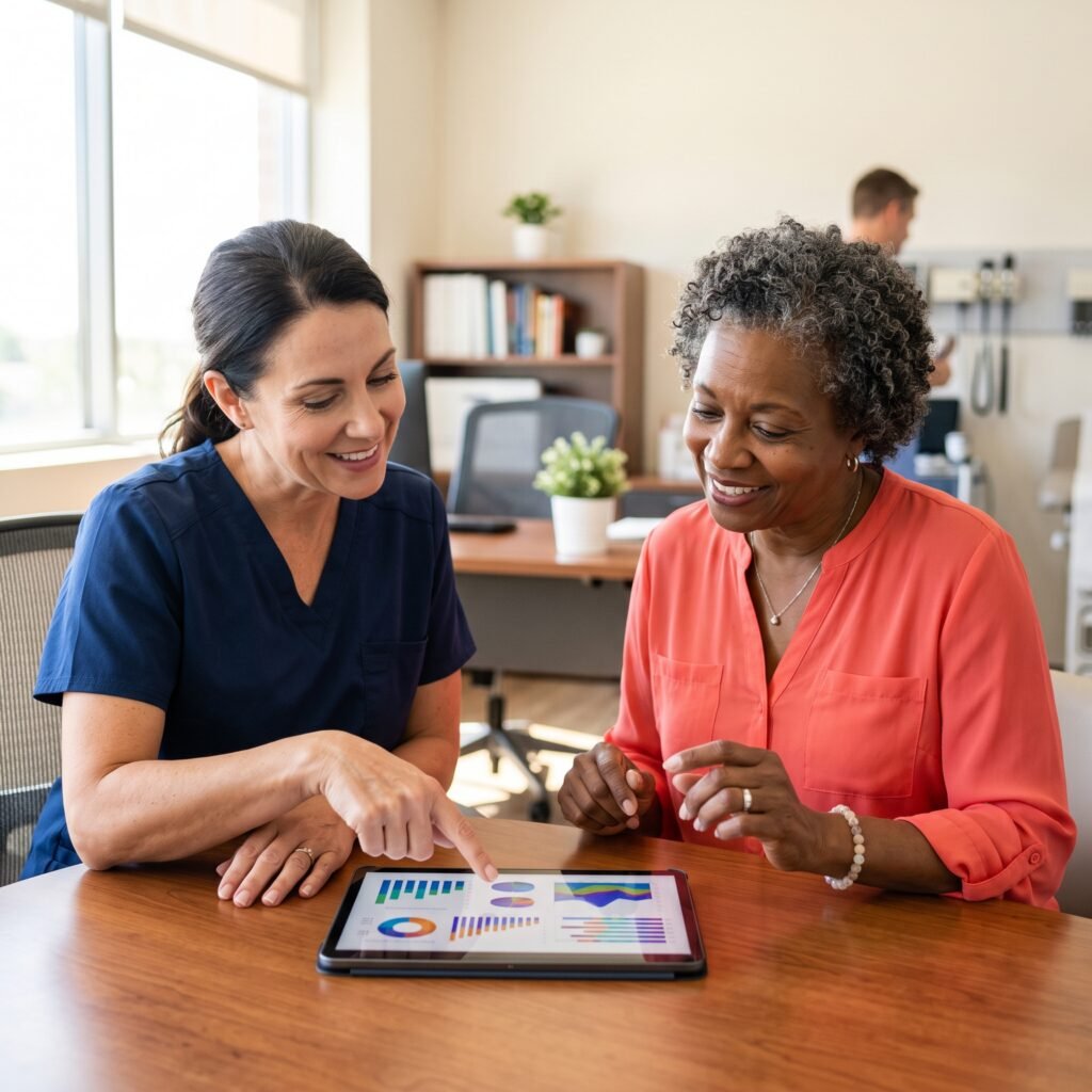 Woman discussing vitamin K2 research and bone health information with a healthcare professional during a clinic consultation.
