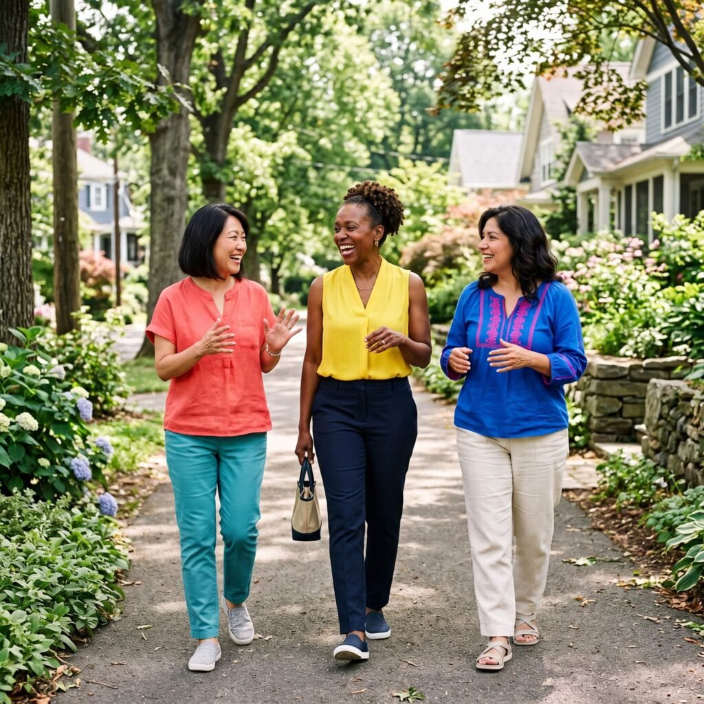 Three smiling midlife women taking a gentle walk after a meal