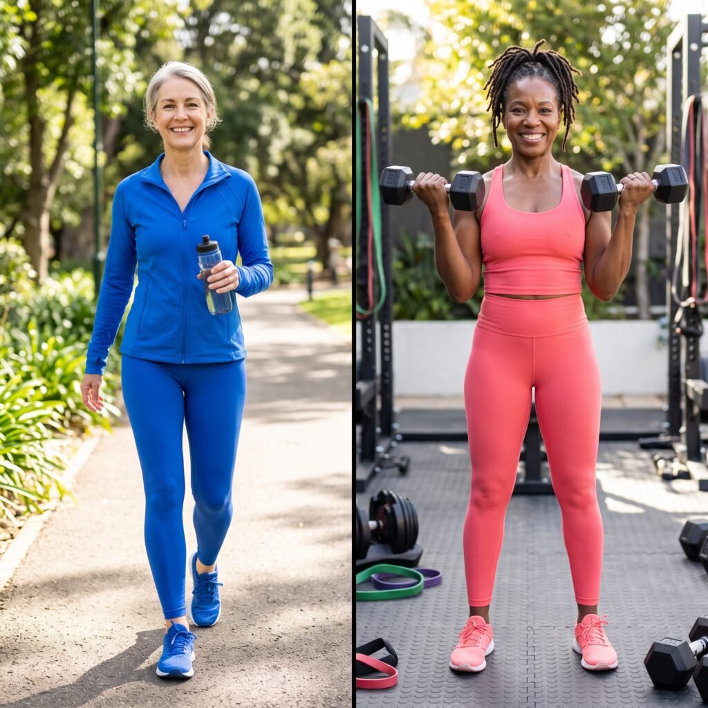 Comparison showing walking and strength training benefits for menopausal bone health.