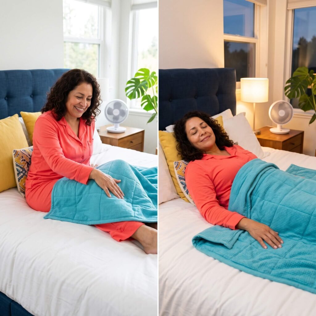 Latina woman first testing a weighted blanket over her legs