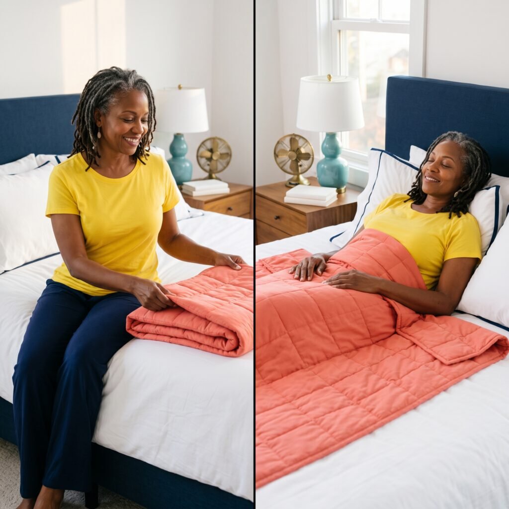 African American woman in her 50s calmly using a weighted blanket