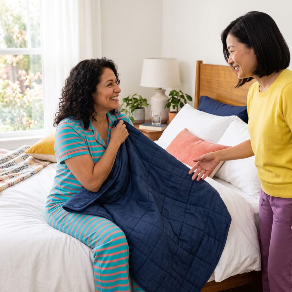 Two women demonstrating that a weighted blanket can be removed easily