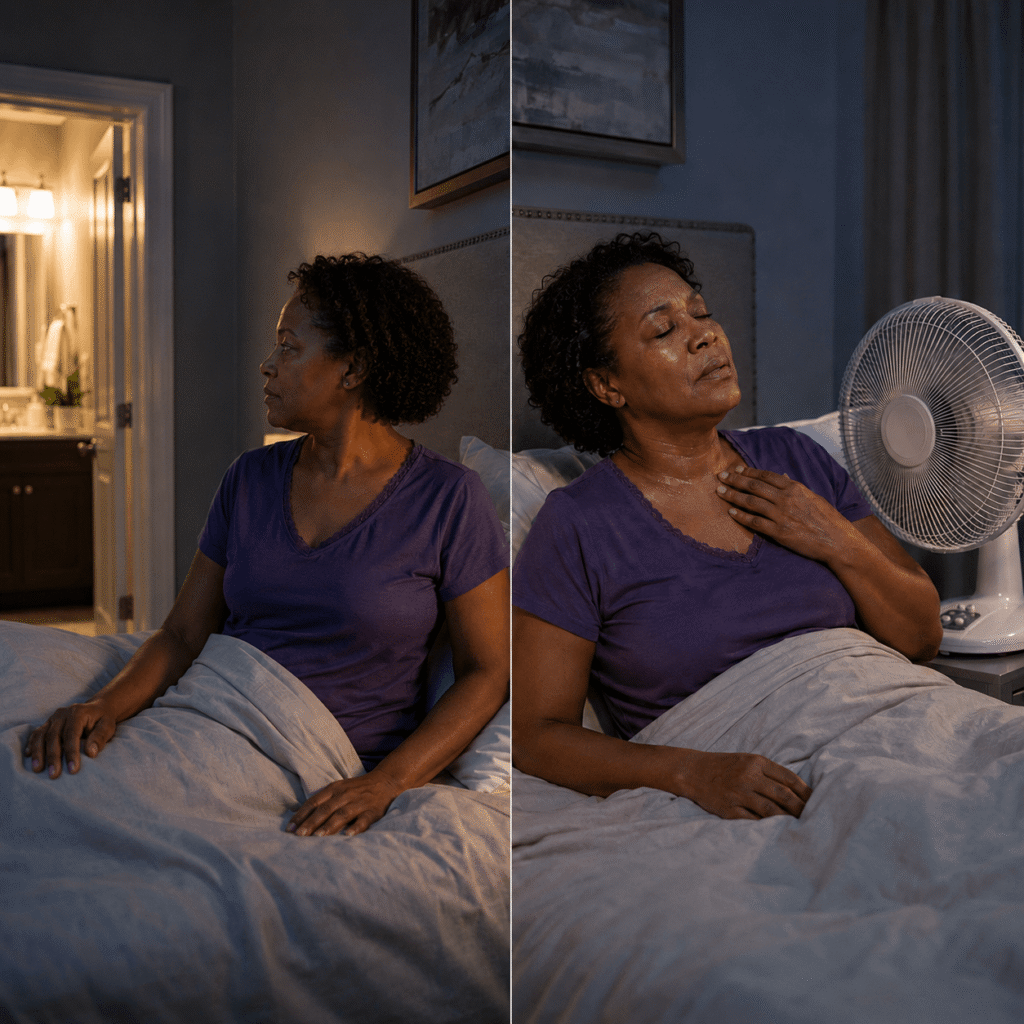 Menopausal Woman Comparing Bladder Urgency With Hot Flash Sleep Disruption