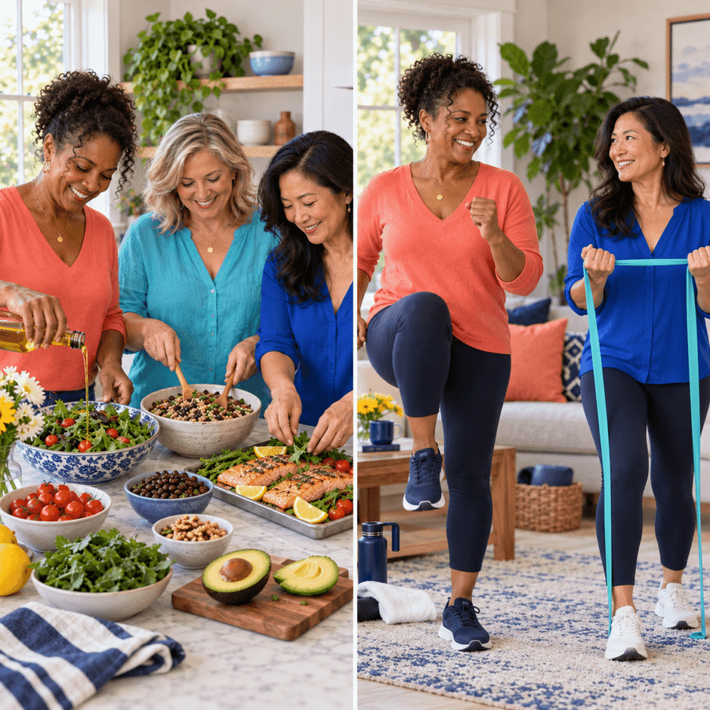 Women Preparing Mediterranean Foods And Exercising To Lower Menopause Cholesterol