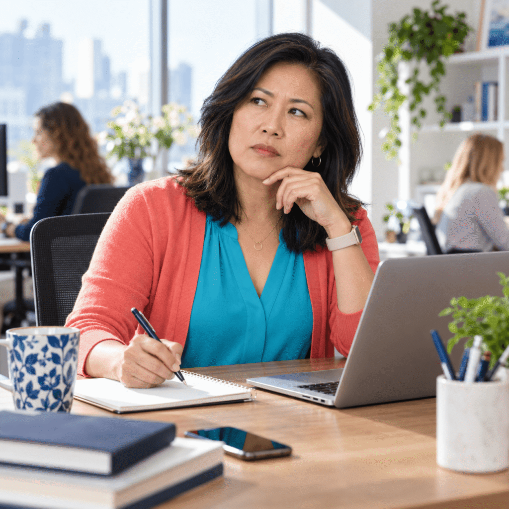 Midlife Woman Managing A Brief Concentration Lapse At Her Office Desk