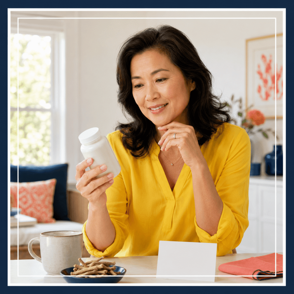 Woman carefully reviewing an unbranded ashwagandha supplement before discussing dosage with a clinician