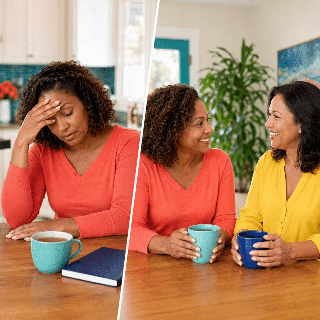 Smiling woman in her 40s discussing menopause stress and mood changes with a friend