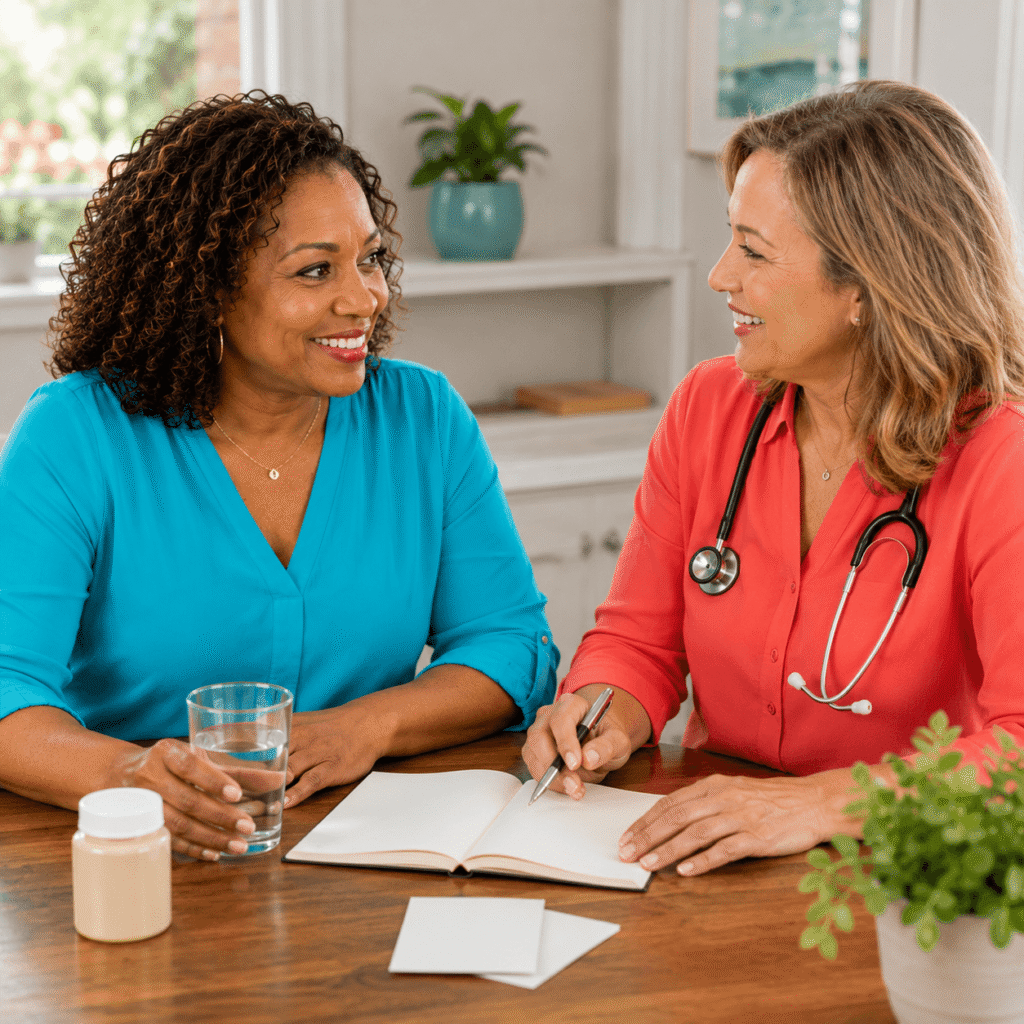 Midlife woman discussing supplement safety and medication questions with a healthcare professional