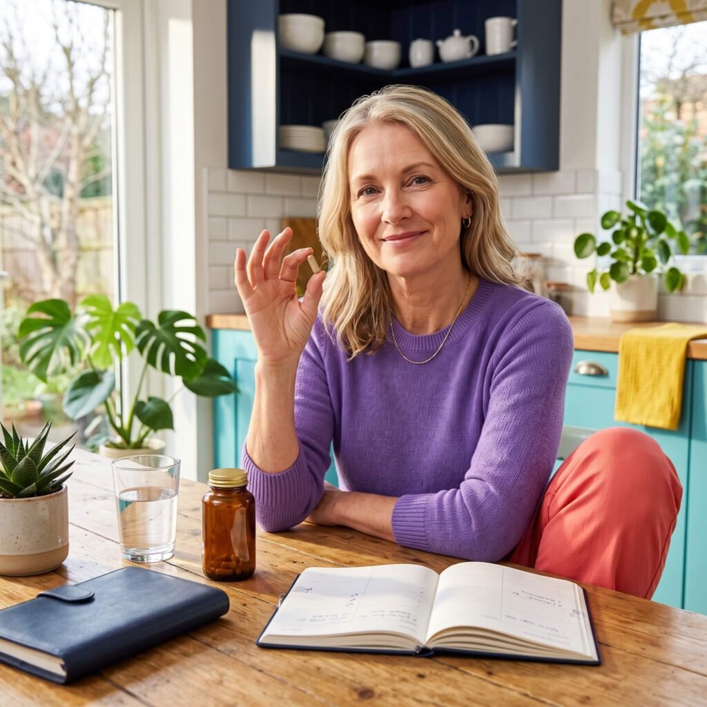 Midlife woman following a consistent herbal supplement routine for memory support during menopause.