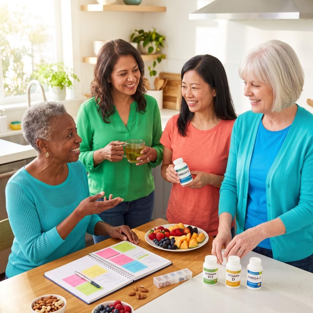 Women comparing creatine, omega-3s, vitamins and other menopause brain fog supplement options.