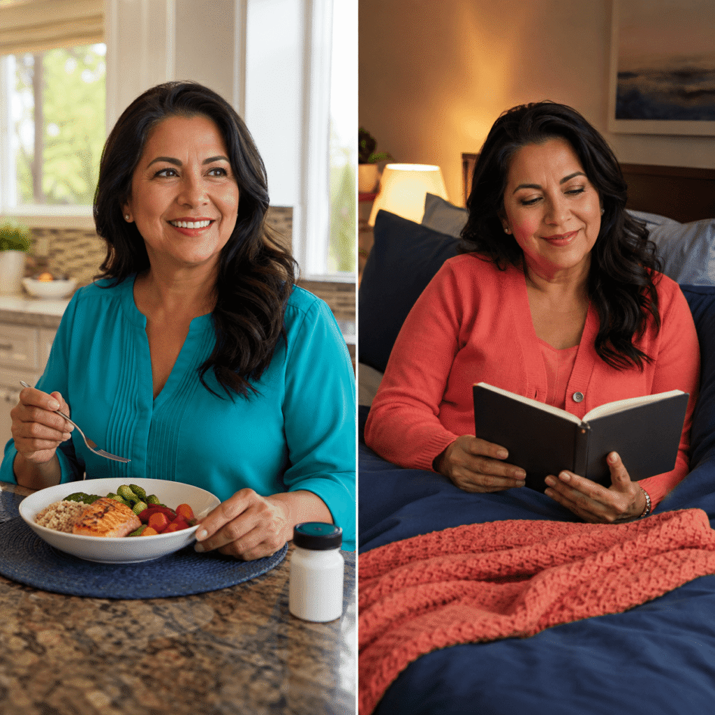 Midlife woman shown during an evening meal and later bedtime routine in a split lifestyle photograph.
