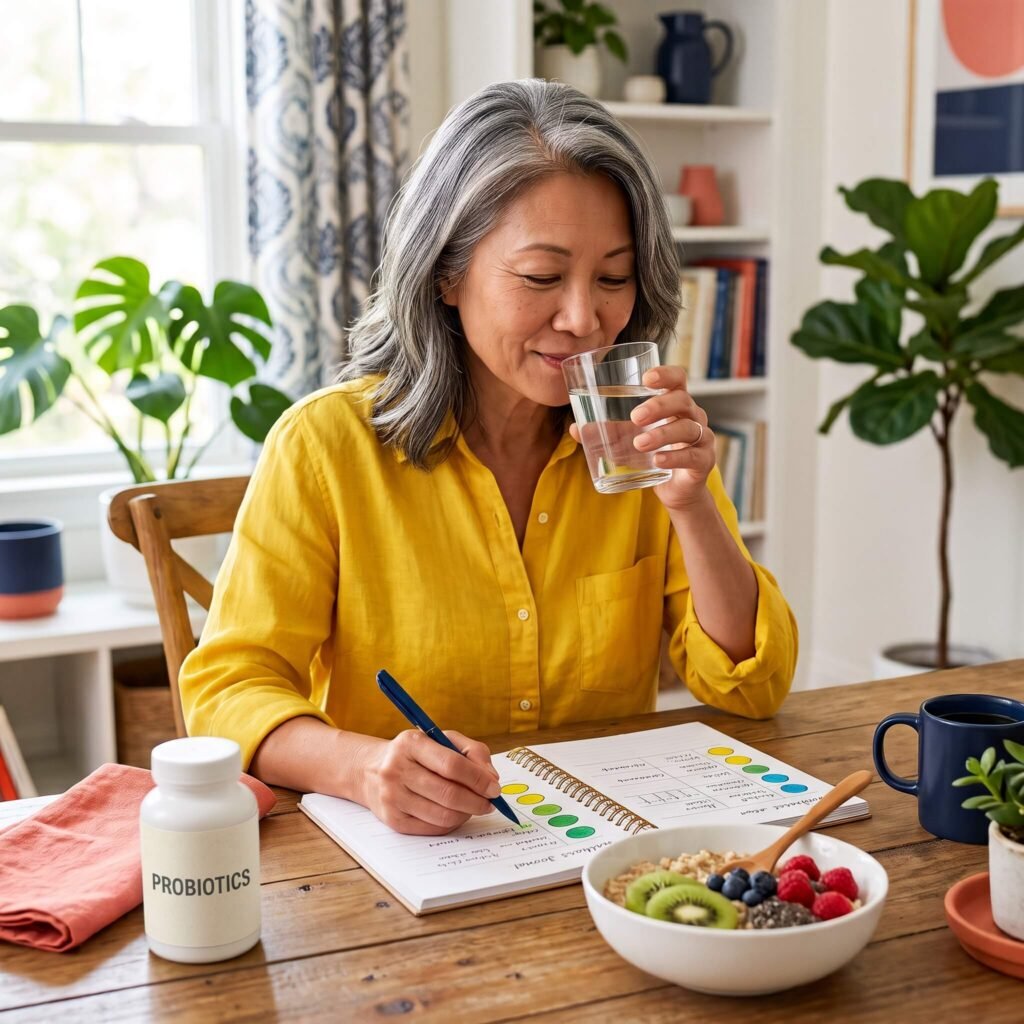 Woman tracking water, fiber, and bowel regularity while trying a targeted probiotic