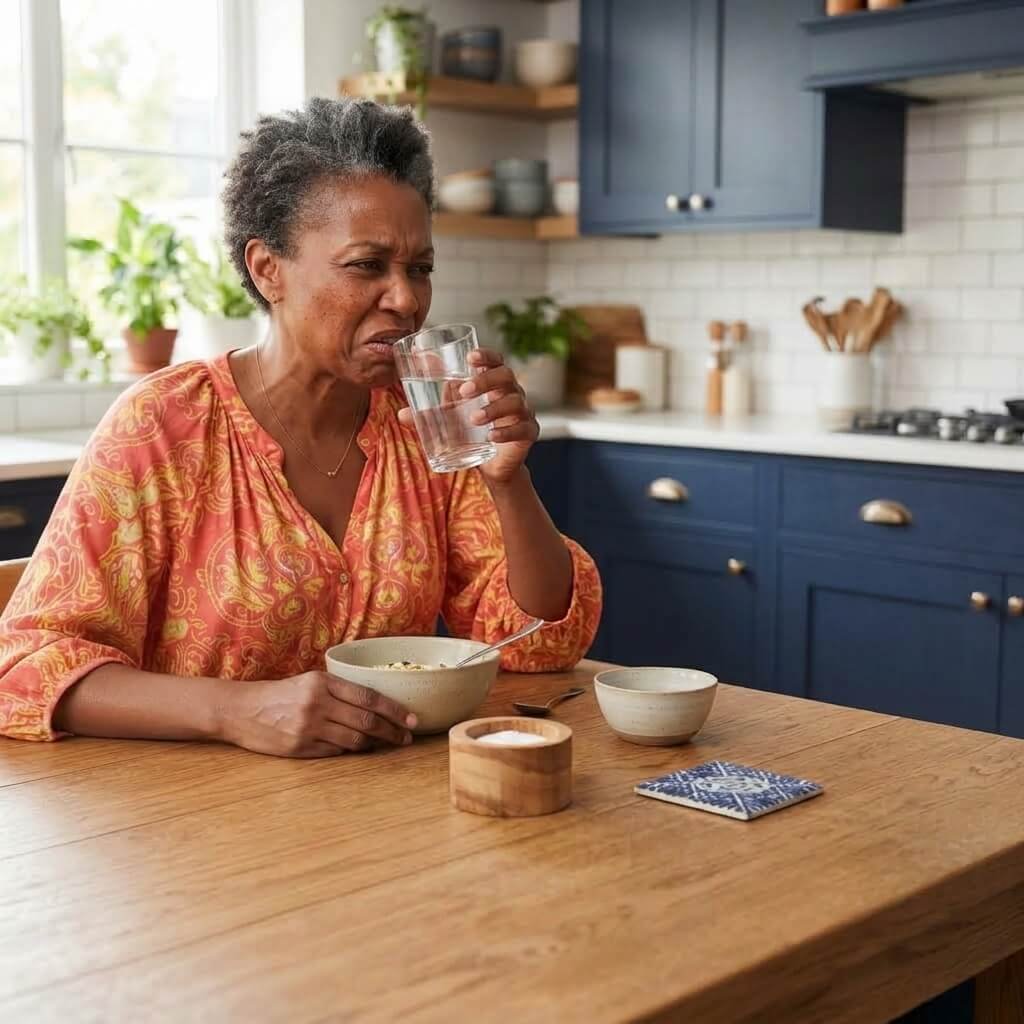 Middle-aged woman discussing dry mouth and altered taste during menopause