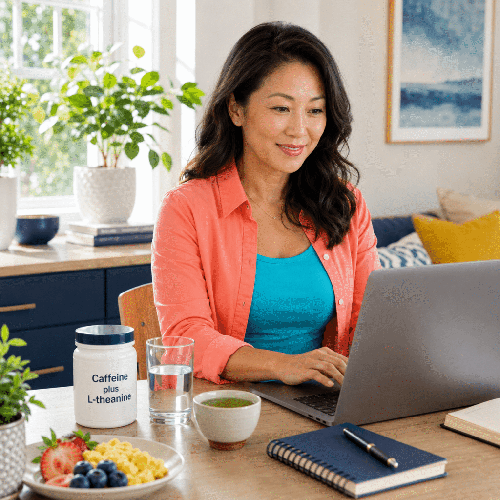 Woman in midlife using tea and a calm morning routine to support short-term focus during menopause.