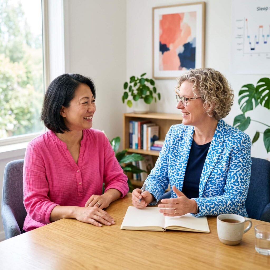 Midlife woman discussing insomnia treatment options with a sleep professional