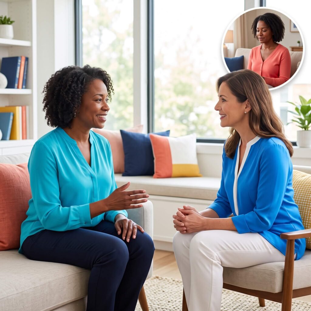 Midlife woman discussing sleep strategies and insomnia treatment options