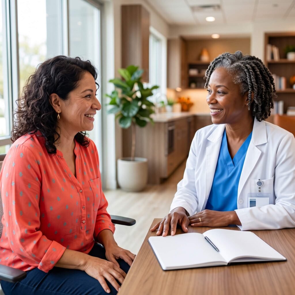 Midlife woman discussing appropriate cortisol testing with a healthcare professional
